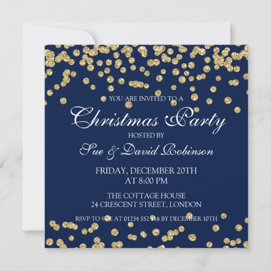 Invitation Bleu marine de confettis de parties scintillantes (Devant)