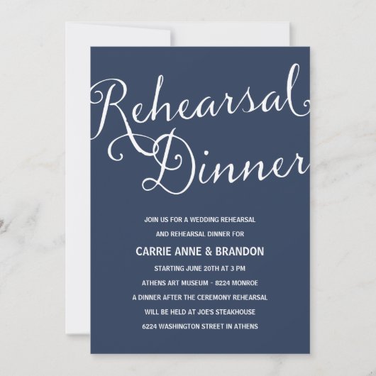 Invitation Bleu Marine | Dîner de répétition de calligraphie  (Devant)