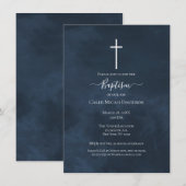 Invitation Bleu marine et blanc croix moderne baptême (Devant / Derrière)