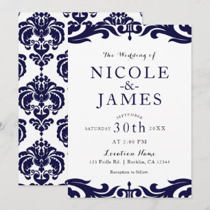 Invitation Bleu marine et blanc damassé chic élégant mariage