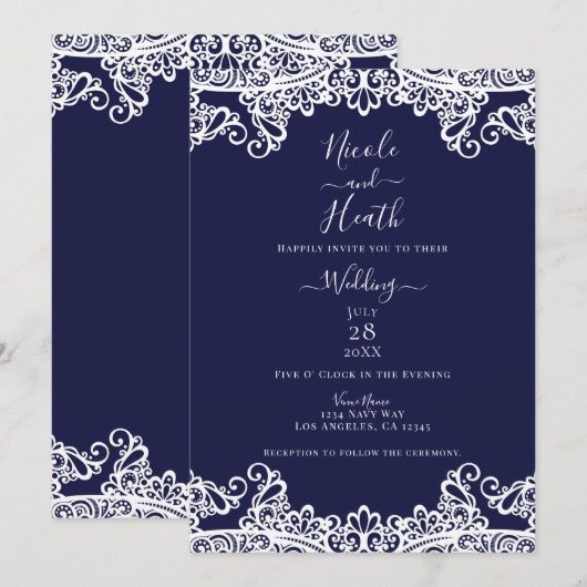Invitation Bleu marine et dentelle blanche mariage élégant (Devant / Derrière)