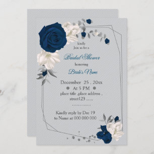 Invitation bleu marine et fleurs blanches douche géométrique
