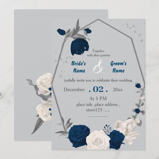 Invitation bleu marine et fleurs blanches mariage géométrique (Devant / Derrière)