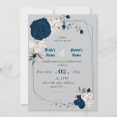Invitation bleu marine et fleurs blanches mariage géométrique (Devant)