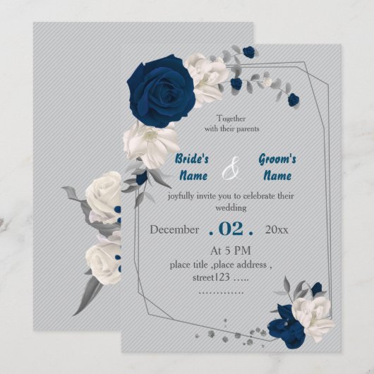 Invitation bleu marine et fleurs blanches mariage géométrique (Devant / Derrière)