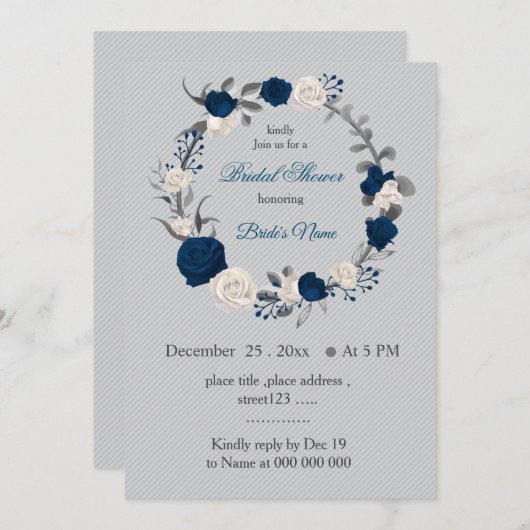Invitation bleu marine et fleurs blanches wreath douche nupti (Devant / Derrière)