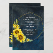 Invitation Bleu marine et fleurs de soleil géométriques d'or (Devant / Derrière)