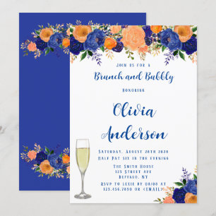 Invitation Bleu marine et fleurs orange Brunch et bulle