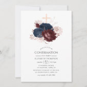 Invitation Bleu marine et floral bordeaux de confirmation (Devant)