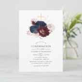 Invitation Bleu marine et floral bordeaux de confirmation (Debout devant)