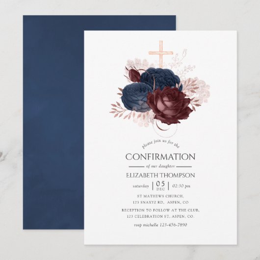 Invitation Bleu marine et floral bordeaux de confirmation (Devant / Derrière)