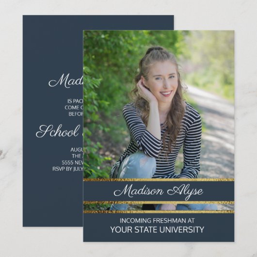 Invitation Bleu Marine et Gold Photo Trunk Party (Devant / Derrière)