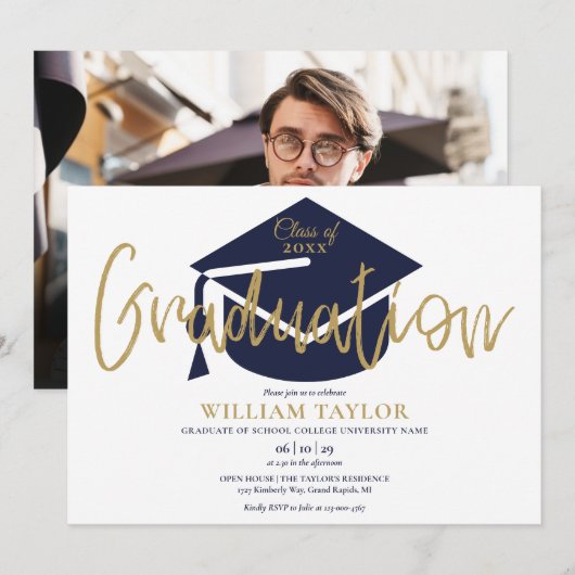 Invitation Bleu Marine et Gold Script Photo Graduation Party (Devant / Derrière)