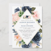 Invitation Bleu marine et or moderne floral élégant (Devant)