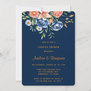 Invitation Bleu marine et orange Peony Couples douche