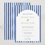 Invitation Bleu marine et rayures blanches design côtier naut (Devant / Derrière)