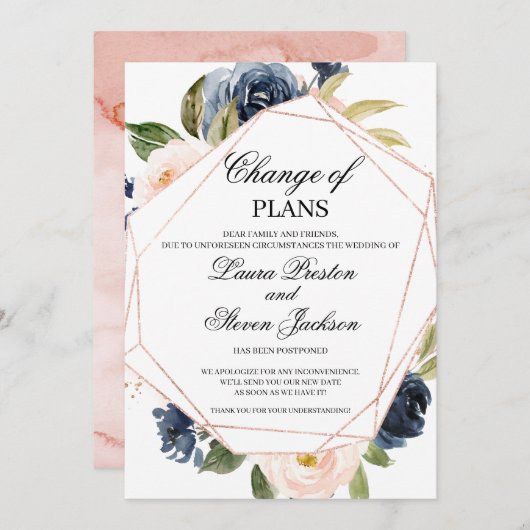 Invitation Bleu marine et rose blush floral Changement de pla (Devant / Derrière)