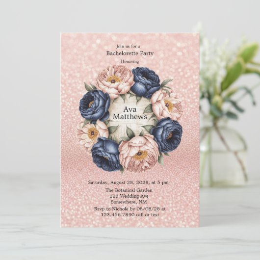 Invitation Bleu marine et Rose Gold Floral Bachelorette Party (Debout devant)