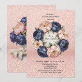 Invitation Bleu marine et Rose Gold Floral Bachelorette Party (Devant / Derrière)