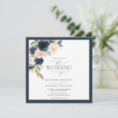 Invitation bleu marine et rose pâle Aquarelle florale Script (Debout devant)