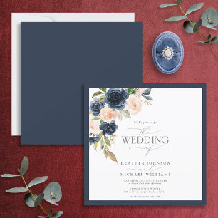 Invitation bleu marine et rose pâle Aquarelle florale Script