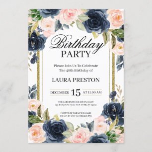 Invitation Bleu marine et rose pâle Fleur d'anniversaire