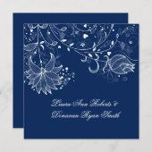 Invitation Bleu marine et tourbillons floraux blancs après le (Devant / Derrière)