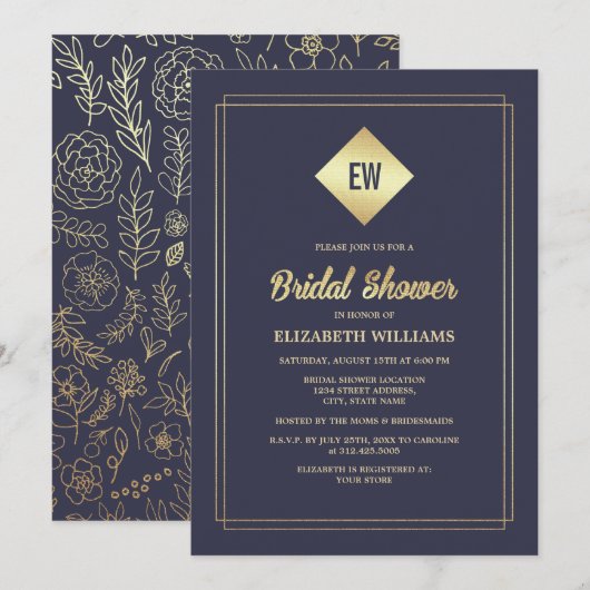 Invitation Bleu Marine | Fête des mariées Gold Foil (Devant / Derrière)