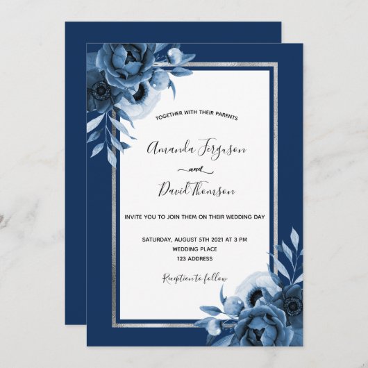 Invitation bleu marine flancs blancs argent chic mariage (Devant / Derrière)