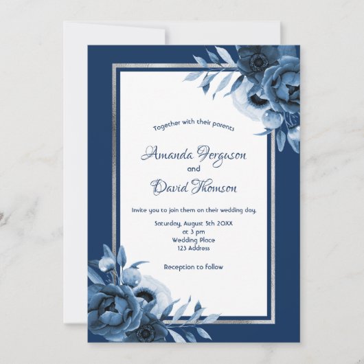 Invitation bleu marine flancs blancs argent mariage (Devant)
