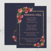 Invitation Bleu marine Fleurs roses Or Puits de souhaits (Devant / Derrière)