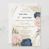 Invitation bleu marine fleurs vert feuille mariage (Devant)