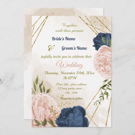 Invitation bleu marine fleurs vert feuille mariage (Devant / Derrière)