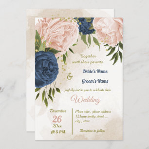 Invitation bleu marine fleurs vert feuille mariage