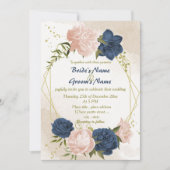 Invitation bleu marine fleurs vert feuille mariage géométriqu (Devant)
