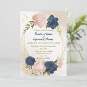 Invitation bleu marine fleurs vert feuille mariage géométriqu (Debout devant)