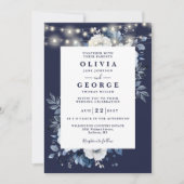 Invitation Bleu marine Floral Lights QR Code Mariage (Devant)