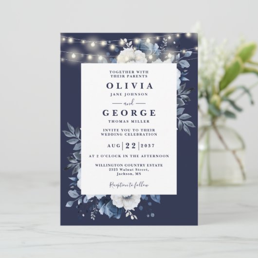 Invitation Bleu marine Floral Lights QR Code Mariage (Debout devant)