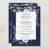 Invitation Bleu marine Floral Lights QR Code Mariage (Devant / Derrière)
