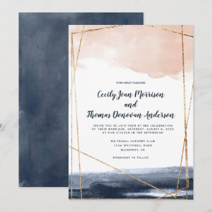 Invitation Bleu marine géométrique moderne, pêche et or