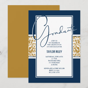 Invitation Bleu Marine Gold Damask Graduation