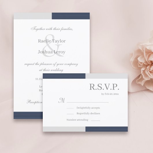 Invitation Bleu marine gris blanc rayures élégant mariage RSV