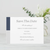 Invitation Bleu marine gris blanc rayures enregistrer la date (Debout devant)
