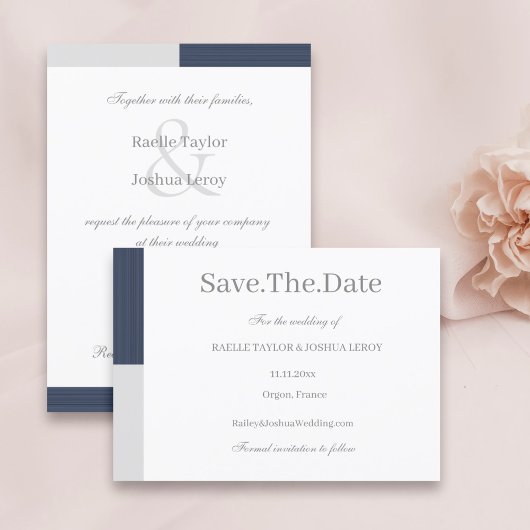 Invitation Bleu marine gris blanc rayures enregistrer la date