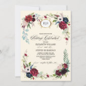 Invitation Bleu marine | Mariage d'aquarelle florale de Bourg (Devant)