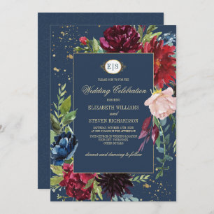 Invitation Bleu marine Mariage d'aquarelle florale de Bourg