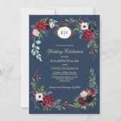 Invitation Bleu marine | Mariage d'aquarelle florale de Bourg (Devant)
