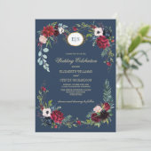 Invitation Bleu marine | Mariage d'aquarelle florale de Bourg (Debout devant)