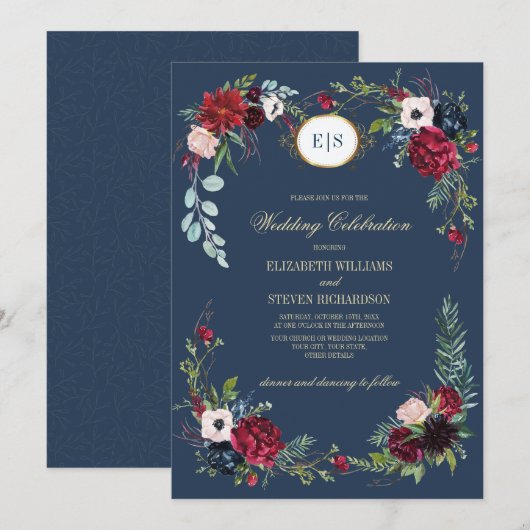 Invitation Bleu marine | Mariage d'aquarelle florale de Bourg (Devant / Derrière)