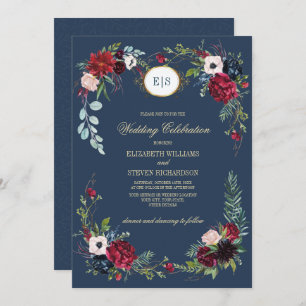 Invitation Bleu marine   Mariage d'aquarelle florale de Bourg